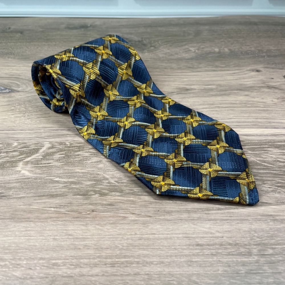 Robert Talbott Studio Tie Blue Gold Geometric Pattern‎ Hand Sewn Imported Silk